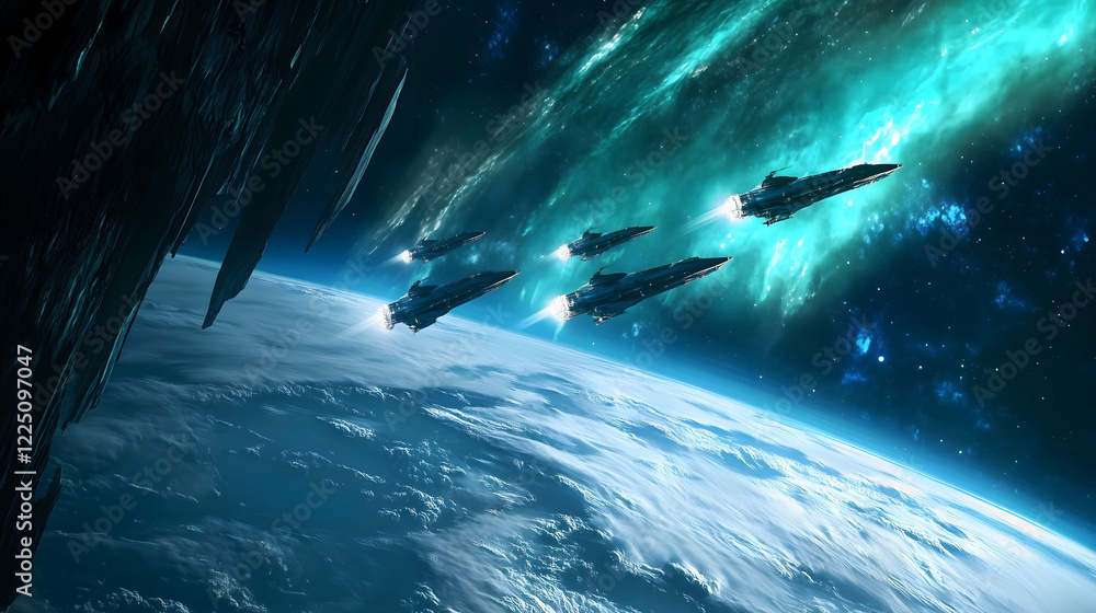 Poster fleet of spaceships exploring deep space in a stunning cosmic setting. generative ai