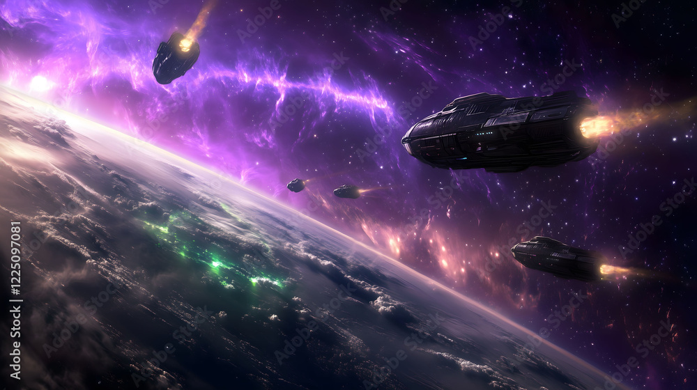 Poster fleet of spaceships navigating through cosmic nebula near earth. generative ai