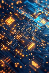 Obraz premium Abstract glowing circuit board with orange light on dark blue background technology concept