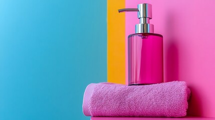 Brightly polished soap dispenser with gleaming towel isolated on a colorful background