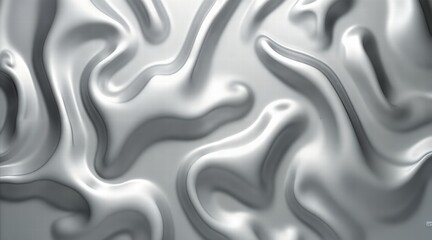 Fototapeta premium Abstract chrome-like surface with ripples, waves, and folds, reflecting bright light and showcasing a complex silver metallic texture.