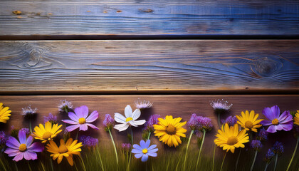 Obraz premium Colorful firefly flowers arranged beautifully on wooden planks create a charming display in natural light