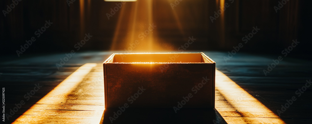 Poster Soft light emanates from an open raffle box in a dimly lit space during late afternoon hours