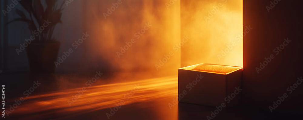 Poster soft light illuminates open raffle box in a calm environment during evening hours