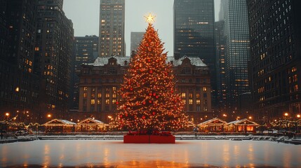 Magnificent Christmas Tree in a Snowy Cityscape