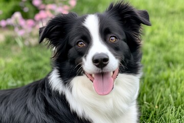 Fototapeta premium A dog lying contentedly in the grass, its tongue lolling out and eyes half-closed under the warm sun