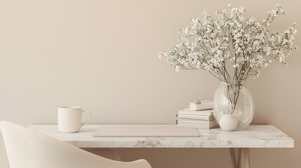 Serene workspace with marble desk, minimalist decor, and delicate white flowers. Perfect for a productive and peaceful day.