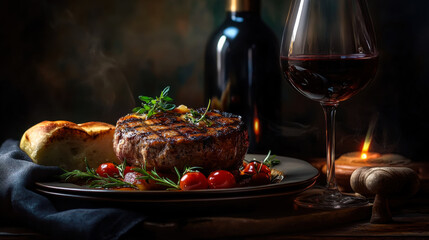 Dinner featuring grilled steak, roasted vegetables, red wine, and candlelight ambience in an elegant setting