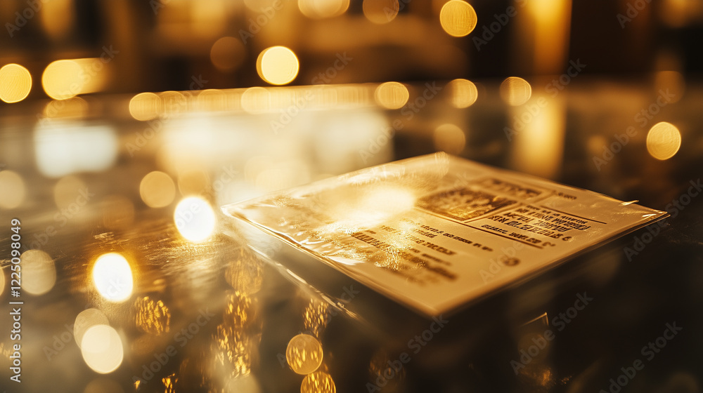 Poster soft-focused raffle ticket placed on a reflective surface with warm bokeh lights creating an invitin