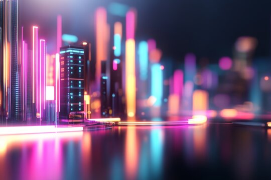 A vibrant 3D-rendered scene of a row of futuristic buildings lighting up consecutively as night falls, with each light glowing in a different hue