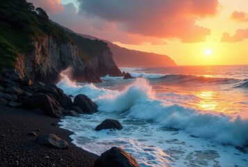 Obraz premium Serene Coastal Cliffs at Sunset with Powerful Ocean Waves Crashing on Rocky Shore