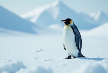 Fototapeta premium Majestic Emperor Penguin on a Snowy Landscape, a Solitary Figure Against a Backdrop of Distant Hills