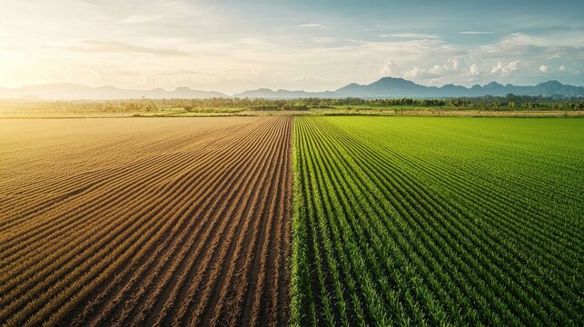 Agricultural practices addressing climate crisis rural landscape aerial view environmental impact assessment