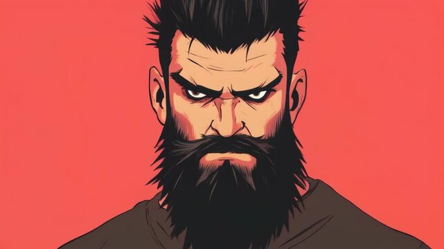 Bold portrait of a fierce man with a thick beard and intense gaze against a vibrant red background