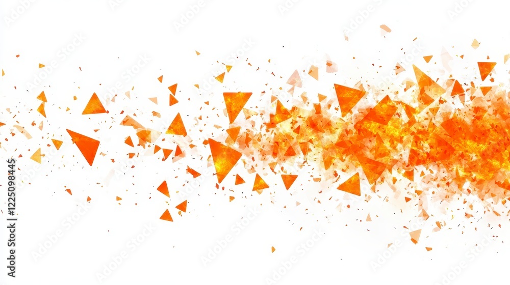 Poster abstract background with scattered orange and yellow triangular particles on white background. the p