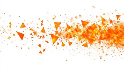 Fototapeta premium Abstract background with scattered orange and yellow triangular particles on white background. The particles vary in size and transparency, creating