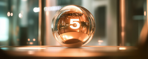 Spinning golden lottery ball showing number 5 in a vibrant, illuminated space during a live draw event