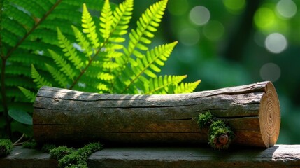 Serene woodland scene featuring a weathered log resting on a rustic surface, adorned with vibrant green moss and lush fern foliage in the background.