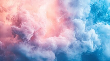 Fototapeta premium Abstract pastel cloudscape with soft, warm pink and orange hues blending into cool blue and purple tones. Dreamy, ethereal mood. Textured, fluffy