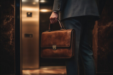 Candidate entering elevator with leather briefcase during a busy business day at upscale office building