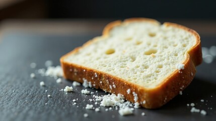 A Close-Up View of a Single Slice of Light-Colored Bread with Visible Pores, Resting on a Dark Surface with Crumbs