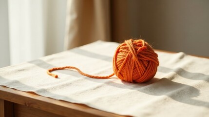 A sunlit ball of orange yarn rests gently on a soft, off-white fabric-covered surface.