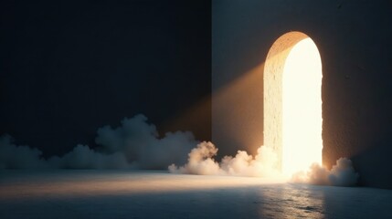 Illuminated Archway A Glowing Portal Emerging from a Mysterious Wall, Bathed in Soft Light and Enveloped by Ethereal Mist