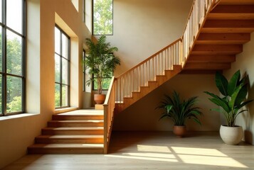 Sunlight streams through large windows illuminating a modern wooden staircase and potted plants in a minimalist interior