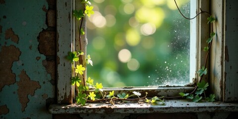 A weathered window frame, embraced by vibrant green foliage, offers a serene view of a blurred, sun-drenched landscape beyond.