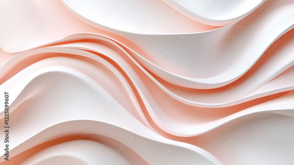 Poster abstract image of soft, flowing waves in delicate peach and white hues. the undulating curves create