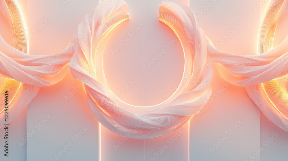 Poster abstract 3d render of swirling, light peach colored forms with warm golden inner glows against a pal