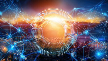 Innovative abstract composition of technology and communication concepts at sunset