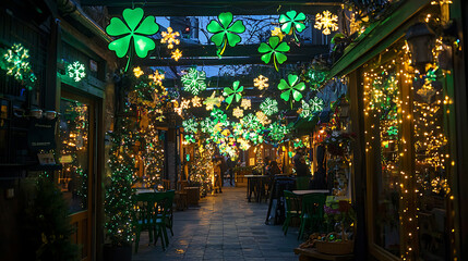 A festive holiday display with cultural symbols shamrock decorations and cheerful lighting 