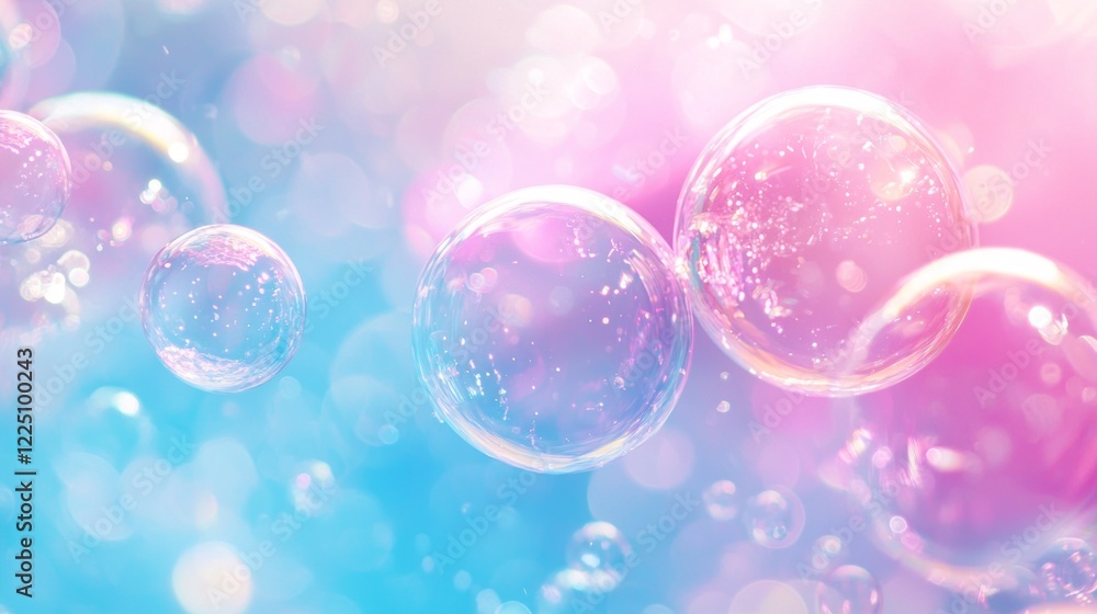 Poster delicate soap bubbles float gracefully against a dreamy backdrop of soft blue and pink tones, creati