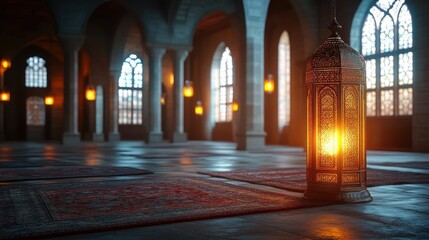 Obraz premium Serene Mosque Interior with Illuminated Lantern