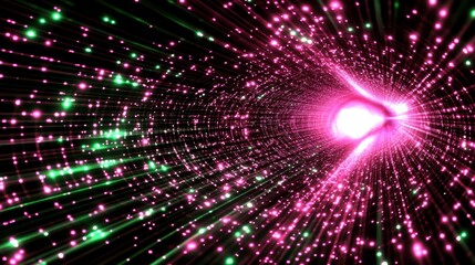 Naklejka premium Abstract pink and green light streaks converge toward a bright white center in a dark background, creating a dynamic and energetic visual effect