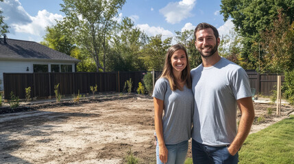 Obraz premium Smiling Couple Celebrate Owning Their First Home in Their Backyard