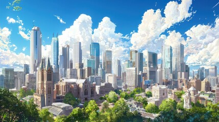 Obraz premium Dynamic urban skyline showcase city center gigapixel image modern and historic fusion bright daylight architectural harmony