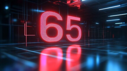 Glowing Digital 3D Number 65 in Futuristic Style Against a Dark, Abstract Technology Background