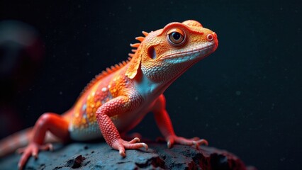 Fototapeta premium Vibrant Orange Lizard Posing on Dark Rock, Showing Intricate Scales and Striking Gaze