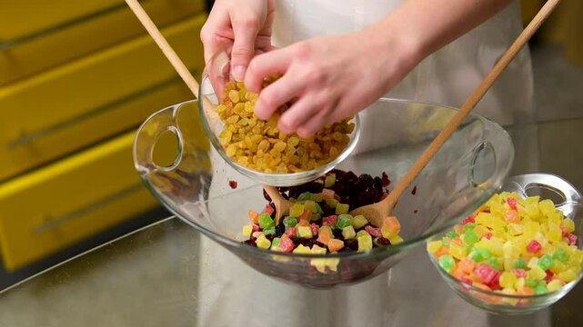Mixing dried fruit. cooking fresh easter cake in kitchen. type of sweet bread loaf, usually prepared and enjoyed for Christmas and New Year. 56 videos