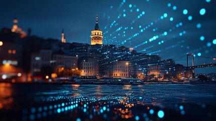 Obraz premium Historic Istanbul Galata Tower and Cityscape with Network of Digital Lights at Night, Turkey.