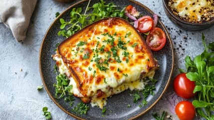 Gooey cheese sandwich on plate, garnished with herbs and tomatoes. Perfect for menus, blogs, or articles about comfort food and cheesy recipes.