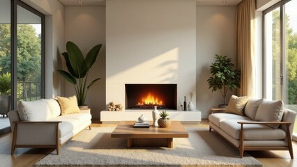 Modern living room interior design featuring a cozy fireplace and comfortable sofas
