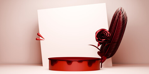 Red and mocha valentine style stand product podium display with blank backdrops.