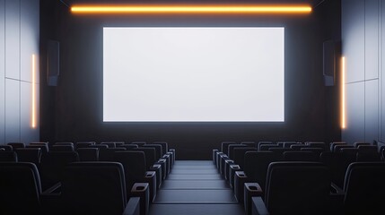Obraz premium A clean movie screening room with white walls, dark seating, and a subtle glowing strip behind the screen. digital