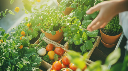 A vegetable garden on the balcony, beds made of eco-friendly materials with growing local...