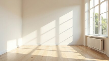 Obraz premium Sunlight streams into an empty room with hardwood floors and a radiator