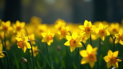 Fototapeta premium A vibrant field of cheerful yellow daffodils basking in the warm sunlight, their bright petals radiating springtime joy.