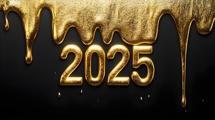 Luxurious Gold Dripping 2025 on Black Background – Elegant Metallic New Year Concept